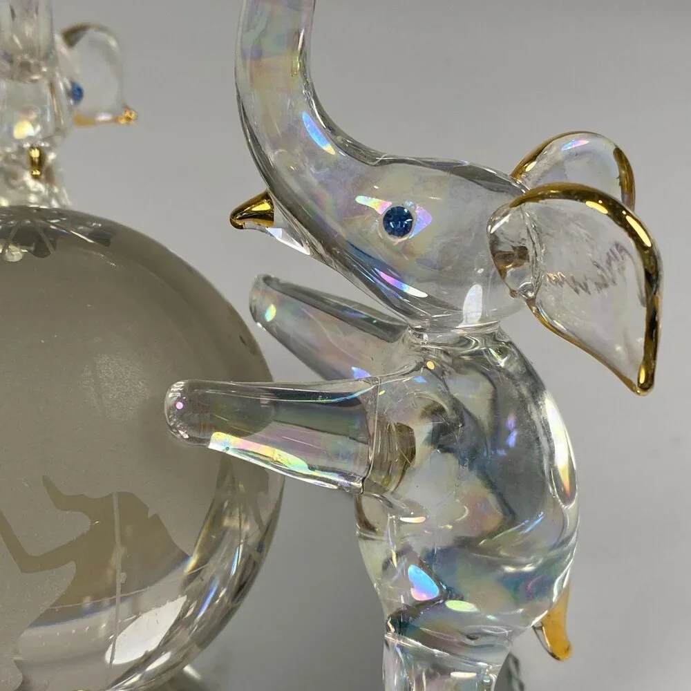 3 Hand Blown Glass Elephants on Globe Figurine Blue Rhinestone Eyes Mirror Base - Picture 7 of 11